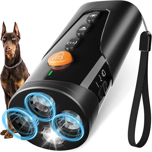 Dog Bark Deterrent Device, 3X Ultrasonic Anti Barking Device 6 Modes Dog Trainer Rechargeable & Portable Safe Bark Control Indoor Outdoor for All Dogs with LED Flashlight - Black
