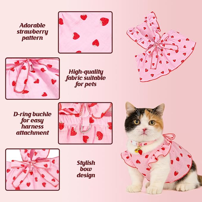 Strawberry Print Cotton Cat Dog Costumes with 2 Adjustable Collar with Bow, Kitten Outfits for Girl Cats, Pink White Pet Clothes for Small Dogs & Cats ，M