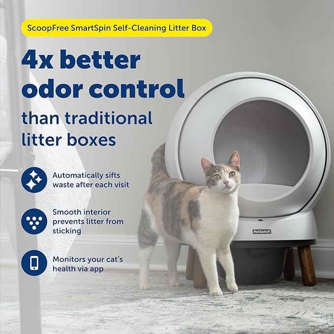 PetSafe ScoopFree SmartSpin Self-Cleaning Litter Box Bundle Advanced Odor Control App Controlled Up to 2 Weeks of Hands-Free Cleaning Includes Litter Mat, 50 Waste Bin Liners, 4 Deodorizers