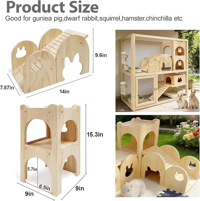 Rabbit Castle Large Guinea Pig Hideout Thicken Solid Wooden Bunny House with Ramp,Rabbit Playhouse for Chinchilla,Hamster,Small Animal Houses & Habitats(Set of 2)