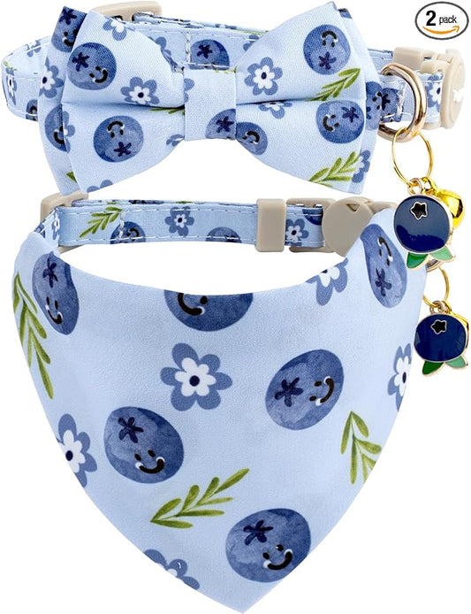 Faygarsle 2 Pack Blueberry Pattern Cat Collar Set with Bandana and Bow Tie, Light Blue, Breakaway Style with Bell