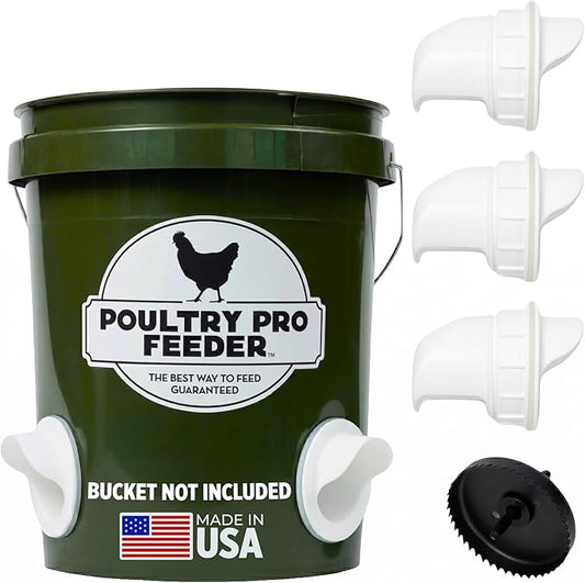 The Original Poultry Pro DIY Chicken Feeder | 3 Ports Poultry Feeders for Chicken Coop | Use for Buckets & Bins | Rain Proof, Weather Resistant - Original Feeder 3-Pack with Hole Saw
