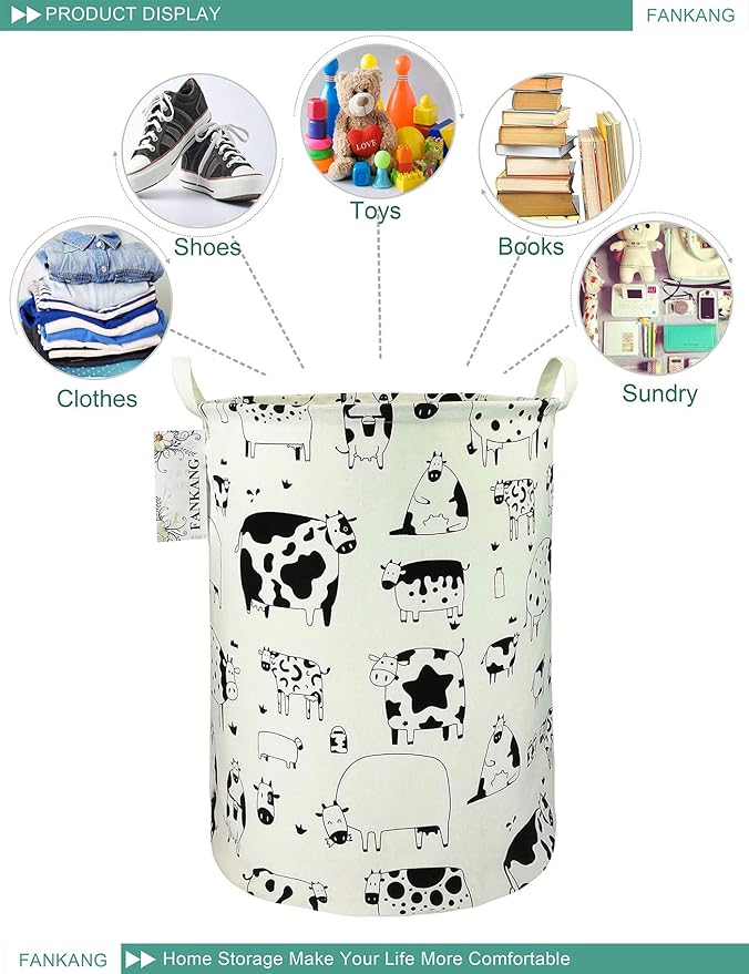 Storage Basket, Nursery Hamper Canvas Laundry Basket Foldable with Waterproof PE Coating Large Storage Baskets for Kids Boys and Girls, Office, Bedroom, Clothes,Toys（Cows）