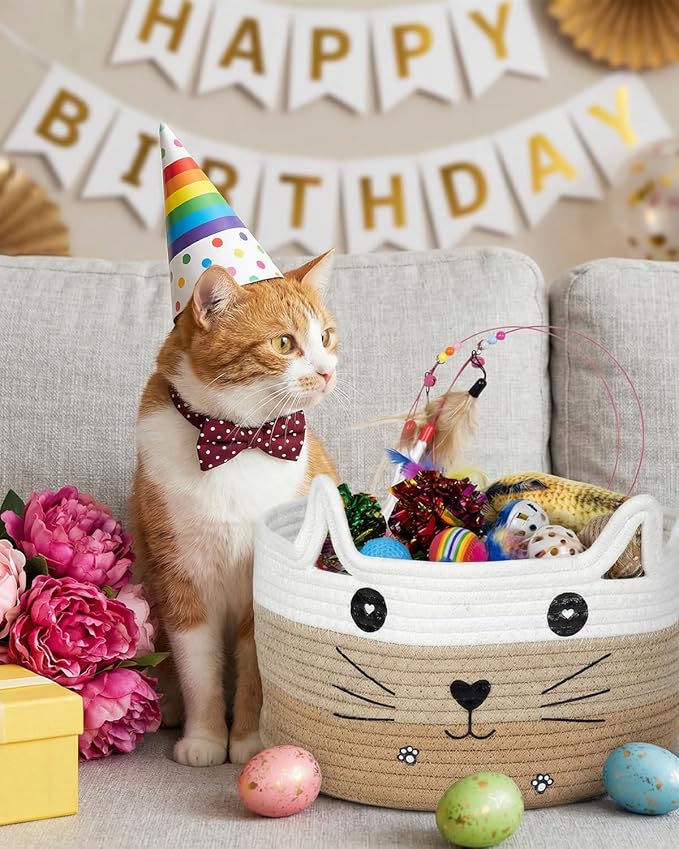76-Piece Cat Storage Basket & Interactive Cat Toy Set: Wand Toy, Colorful Flashing Balls, Crinkle Balls – Attracts Kittens to Swat and Hunt, Indoor Cat Toy (Khaki)