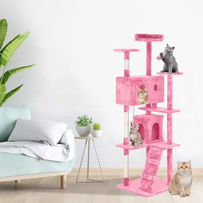 PayLessHere Cat Tree 70in Tower with Scratching Post, Multi-Level Cat Condo Stand House, Kitty Activity Center with Furry Ball Toys, Pink