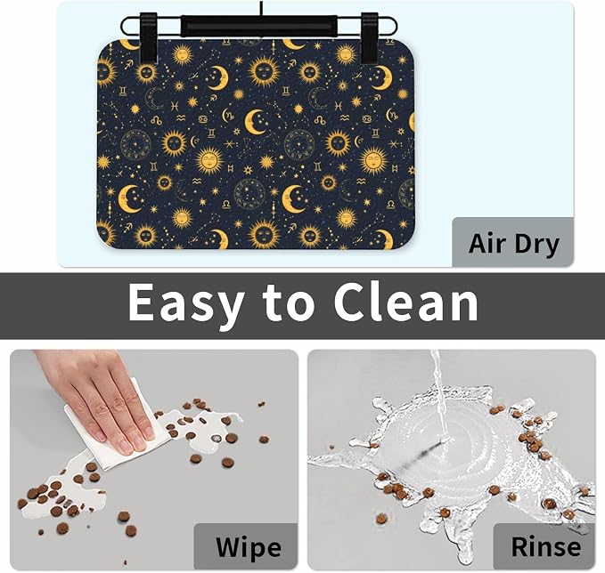 Boho Chic Art Golden Sun Moon and Stars Over Blue Black Sky Pet Mat for Food and Water Non Slip Easy Clean