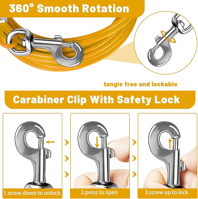 Dog Tie Out Cable 10/15/20/25/30 FT Dog Runner for Yard Steel Wire Dog Cable with Durable Superior Clips Yellow Dog Chains for Outside Dog Lead for Large Dogs Up to 165 lbs