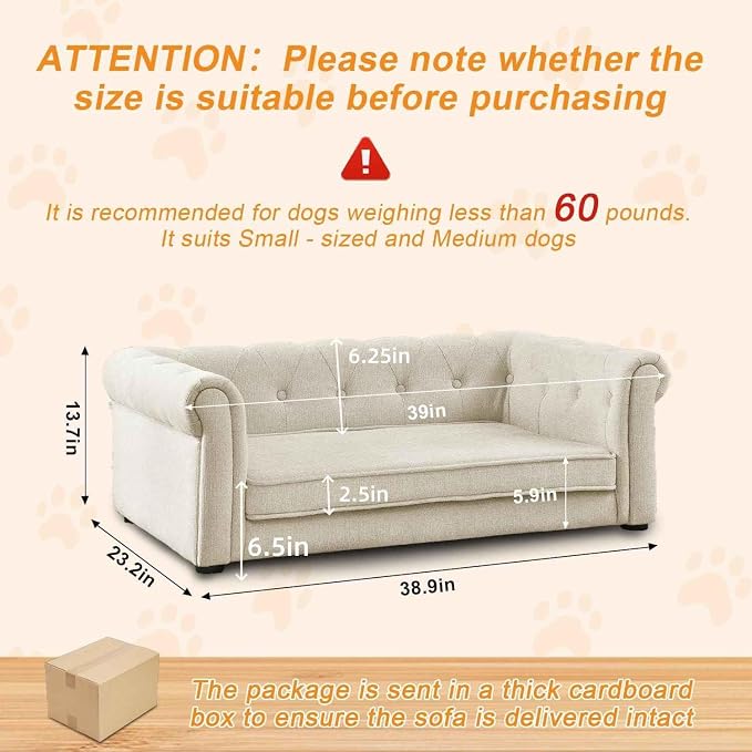 Dog Sofa for Small & Medium Dogs | Removable & Washable | No Assembly Required | Breathable Linen Fabric | Soft Foam |Floor-friendly sofa legs | Beige
