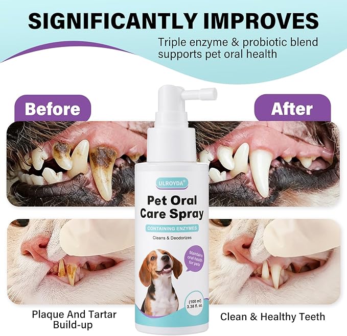 Pet Dental Spray for Dogs & Cats - Fragrance-Free Triple Enzyme & Probiotics Oral Care Mist, Dog Teeth Cleaning, Bad Breath & Tartar Plaque Support, Dental Water Additive for Pet Supplies, 3.38 oz