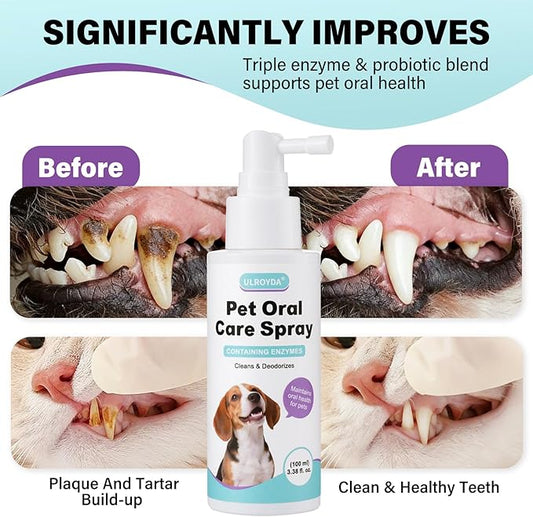 Pet Dental Spray for Dogs & Cats - Fragrance-Free Triple Enzyme & Probiotics Oral Care Mist, Dog Teeth Cleaning, Bad Breath & Tartar Plaque Support, Dental Water Additive for Pet Supplies, 3.38 oz