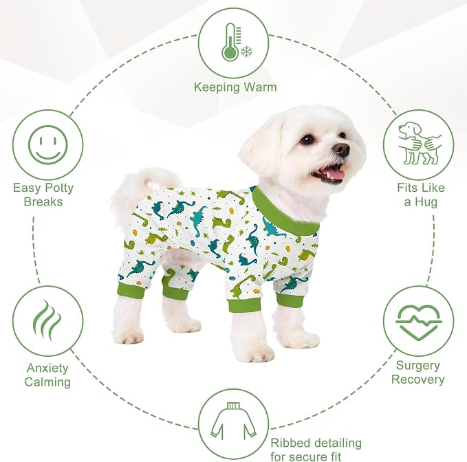 Dog Pajamas for Small Medium Dogs Recovery Suit Dog Pjs Dog Onesie Cute Soft Breathable Puppy Pajamas Pet Spring Summer Stretchy Pjs for Boy Girl - Green Dinosaurs