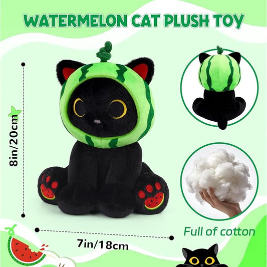 Black Cat Plush - 8inch Cute Stuffed Cat with Removable Watermelon Hood - Soft Kawaii Stuffed Animal for Girls, Kitten Plushie Toy for Boys, Summer Birthday Gift for Kids & Adults