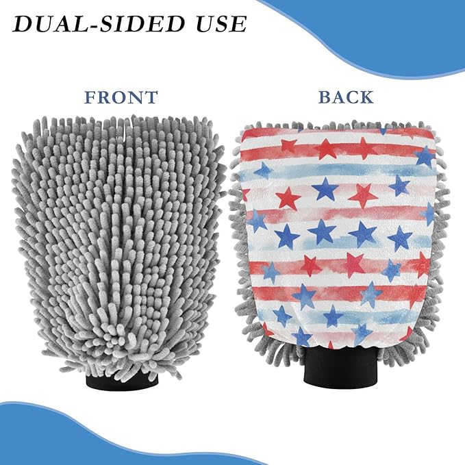 Car Wash Mitt Microfiber Wash Mitts for Car Washing Scratch-Free Cleaning Gloves Soft Non Absorbent Chenille Auto Hand Mitt Large 2Pack July 4th Stripes Stars White