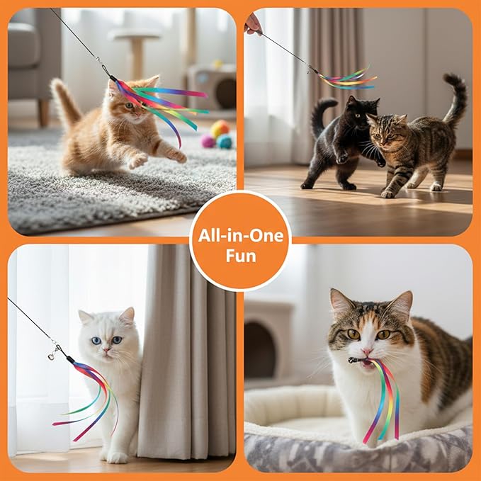 5Pcs Cat Ribbon Toy Cat Wands Replacement Toys Ribbon Attachment for Cats Toy Teaser Wand Replacement Toys with Bell for Most Cats Kittens Small Pets