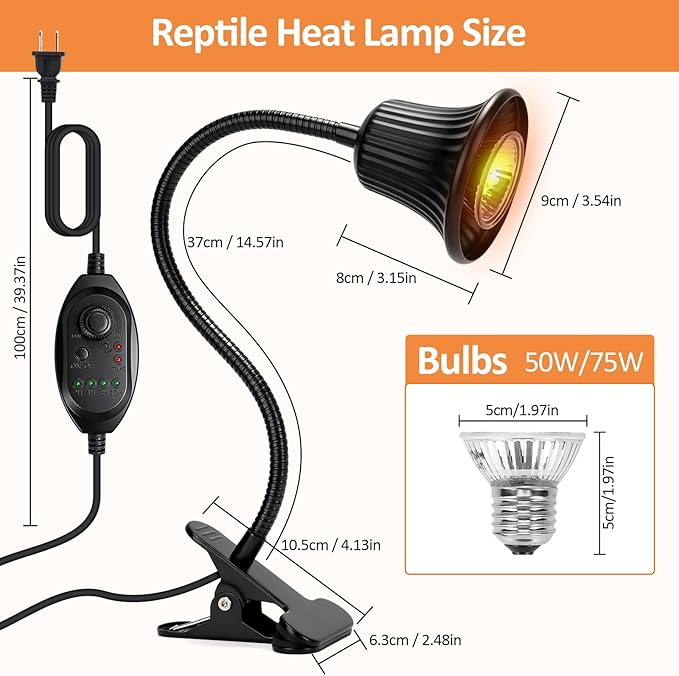Reptile Heat Lamp, Heating Lamp for Reptiles with UVA UVB, 2H,4H, 8H, 10H Cycle Timing&Stepless Dimming Adjustment Basking Light for Turtle, Bearded Dragon, Lizard and More, 2 Bulbs 50W+75W
