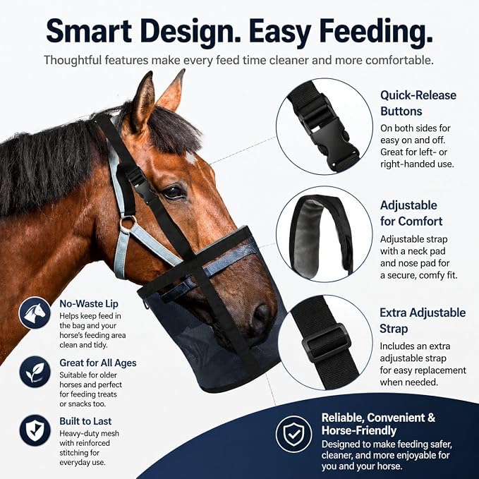 Horse Feed Bag,Heavy Duty Muzzle Feed Bag with Adjustable Strap,Comfort Neck Pad,Nose Pad and Double Waterproof Bottom Mesh Feed Bags for Horse Pack of 2 (Dark Blue & Grey)