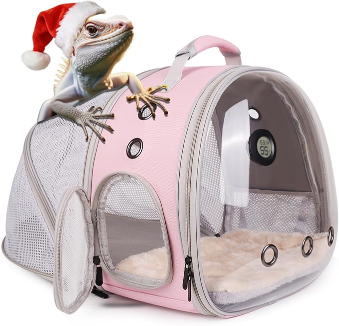Bearded Dragon Travel Backpack Carrier with Reptile Thermometer and Humidity Gauge Lizard Travel Cage Space Capsule Clear Bubble Window Astronaut Reptile Bag for Ball Python (Pink, BE Backpack)