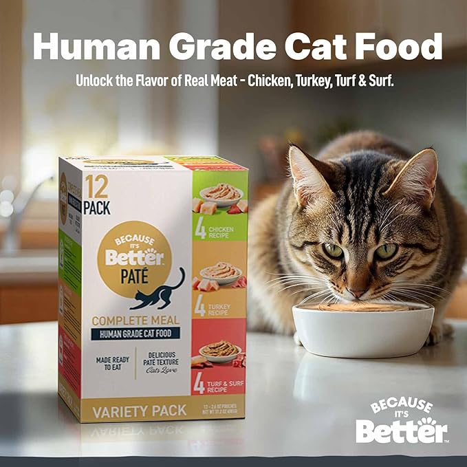 Because It’s Better Pate Complete Meal - Wet Cat Food - Variety Pack - Ocean, Turkey & Chicken Flavors - Organic, Balanced, Smooth Pate Texture, Human-Grade Ingredients, 2.6 oz Pouches (12 Count)