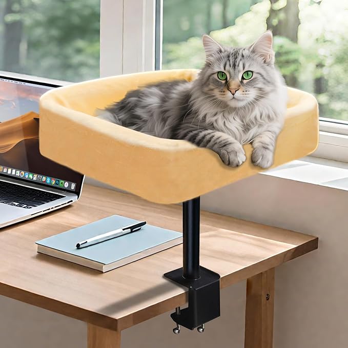 Cat Desk Bed, Sturdy Cats Bed for Desk with Washable Cover, Dual-Sided Breathable Summer & Winter, Comfortable Soft Pet Nest Bed with Reinforced Steel Frame, Easy Assembly for Home Office/Study Room