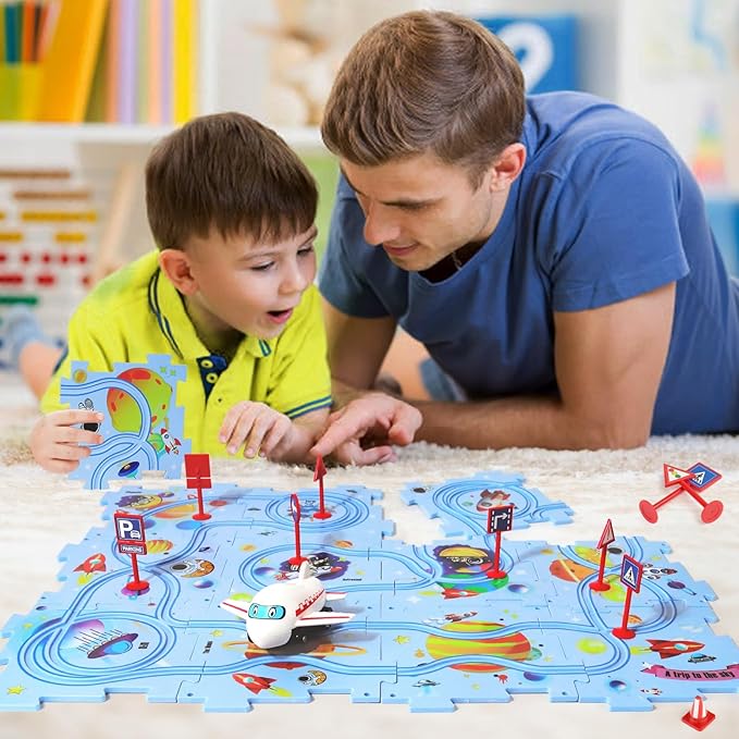 Plastic Floor Puzzles for Kids with Airplane Toy Car, Puzzle Track Car Play Set, Educational Toys for 3 4 5 6 Year Old Boys, 3 4 5 6 Year Old Boy Birthday Gift, Kids Toys Boys 3-5