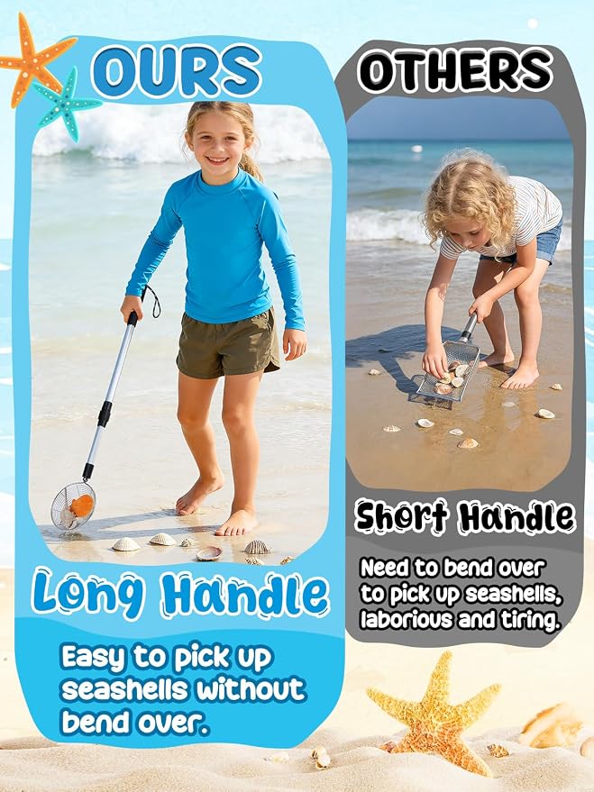 1 Pack Sand Sifter with Seashell Bag- 21.6"~33" Adjustable Shark Tooth Sifter & Sea Shell Bags for Beach Seashell Collecting, Shelling Tools Scooper with Retractable Handle, Beach Toys for Adults Kids