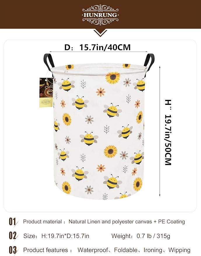 Collapsible Fabric Storage Basket, Waterproof Laundry Hamper with Handles, Round Storage Bin for Clothes Toys, Foldable Organizer for Bedroom Nursery Bathroom(Round-Bee)