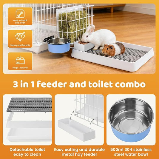 3 in 1 Rabbit Litter Box with Hay Feeder, Bunny Litter Box with Metal Hay Feeder and Hanging Water Bowl for Bunny, Guinea Pigs, Chinchillas and Other Small Animals