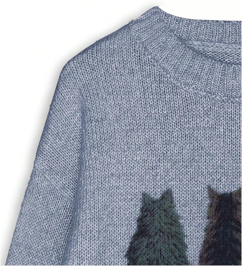 WDIRARA Women's Cat Graphic Sweater Long Sleeve Crew Neck Knit Tops Casual Knitwear