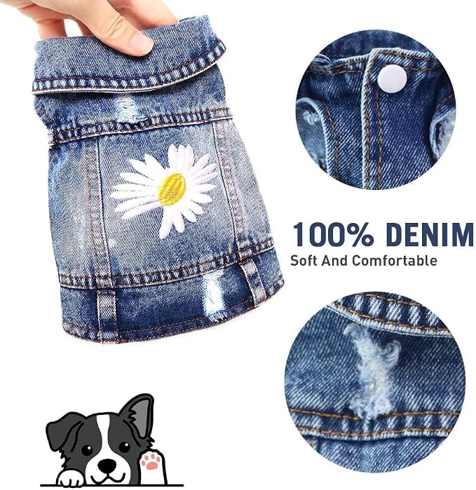 Dog Denim Jacket with Embroidered Daisy, Ripped Vintage Jean Vest for Small Dogs, Puppy, Pugs, Chihuahuas, Spring Summer Fall Festival Outfit, XS (Fits Chest 9-10")