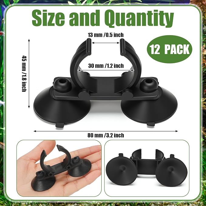 Qunclay 12 Pack Double Aquarium Heater Suction Cups with 1.2 Inch Clip Black Heavy Duty Standard Heating Rod Holders Clamps for Aquarium Heater Fish Tanks