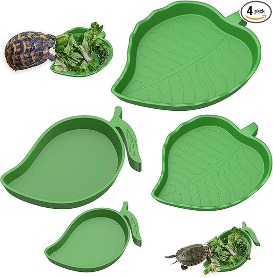 Pawfly 4 Pcs Reptile Water Bowl, Tortoise Water Dish, Food & Water Feeder, Cute Leaf & Mango Feeding Dish, Tortoise Habitat Accessories for Turtle, Gecko, Bearded Dragon & Lizard, 2 Styles