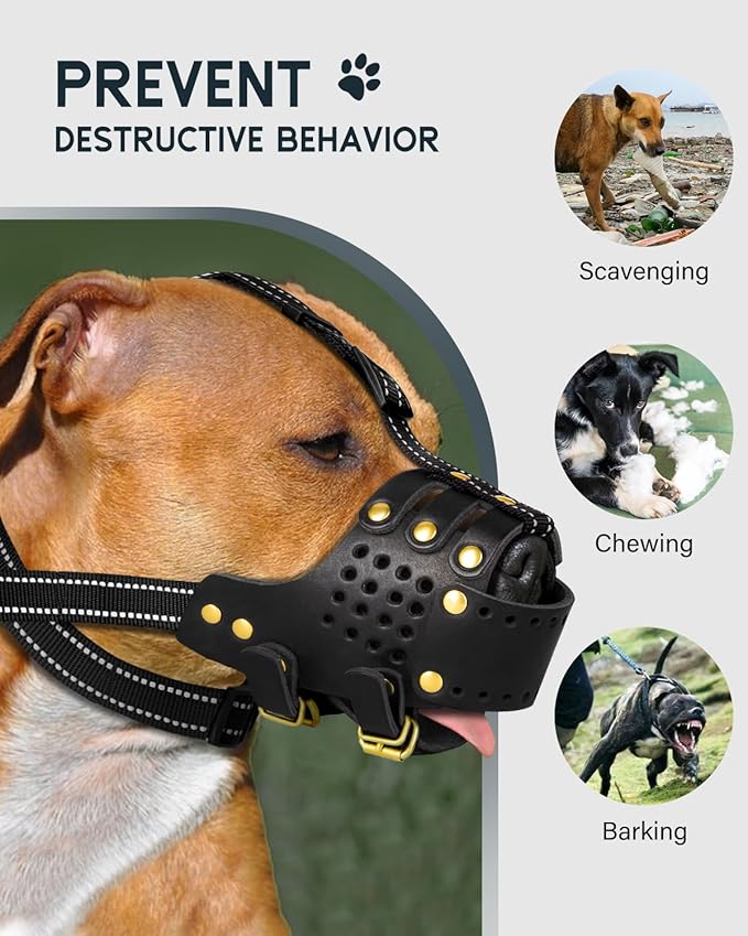 MIDOG Breathable Leather Basket Dog Muzzle for Large Medium Breeds, Anti-Biting Barking Chewing Secure Fit Muzzle for Pitbull German Shepherd, Professional Grooming & Vet Visit, Adjustable XL