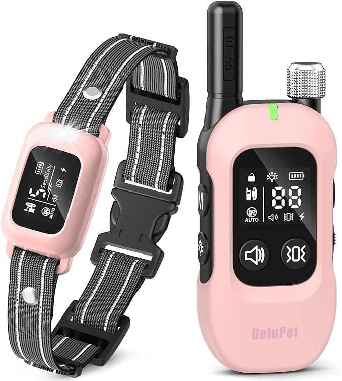 2-in-1 Dog Bark & Training Collar – 4500FT Shock Collar with Remote Control, Automatic Anti-Barking E Collar with IPX8 Waterproof & LED Light for Small Medium Large Dog (Pink)