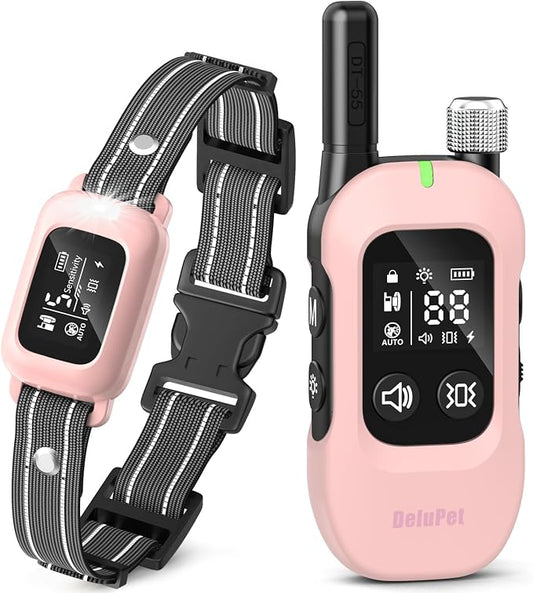 2-in-1 Dog Bark & Training Collar – 4500FT Shock Collar with Remote Control, Automatic Anti-Barking E Collar with IPX8 Waterproof & LED Light for Small Medium Large Dog (Pink)