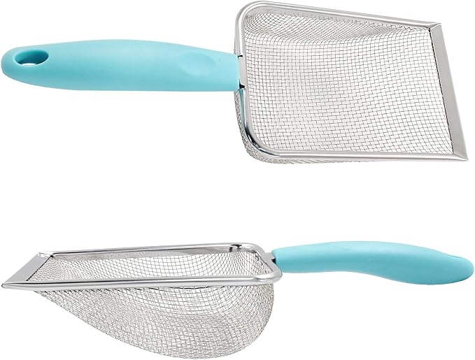 Hordion Cat Litter Scoop Stainless Steel Mesh Scooper, 2mm Mesh Non-Stick Coated Metal Litter Shovel Fine Sand Litter Scooper for Litter Box Kitten Pooper Lifter, Cyan