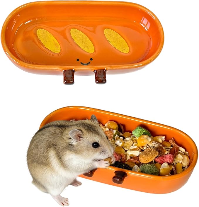 2PCS Hamster Bowl, Bread Shaped Hamster Food Dish Ceramic Food Water Feeding Bowl Small Animal Bowls for Gerbil Rat Hedgehog (French Bread)