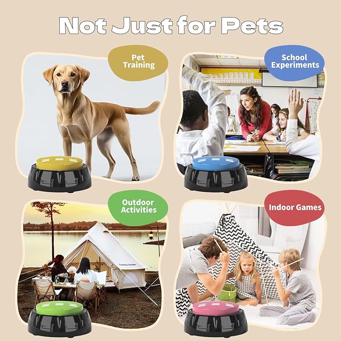 Recordable Pet Button, Dog Buttons for Communication Pet Training Buzzer, 30 Second Record & Playback, AA Battery for Longer Battery Life, (4 Pack Light Color)
