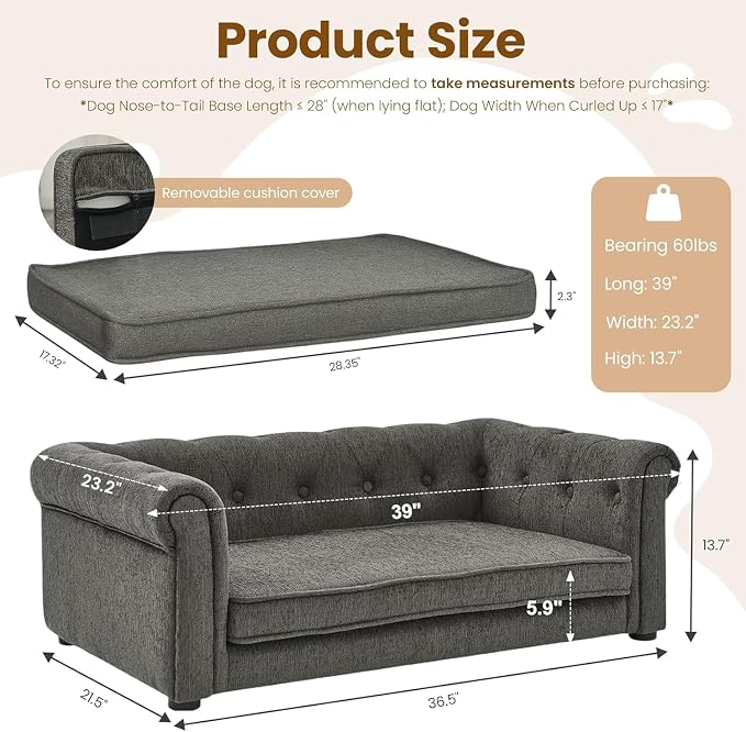 39" Dog Sofa Couch for Medium Dogs, Memory Foam Pet Couch with Washable Fabric Removable Cushion, Sofa Bed for Medium Dogs, Grey