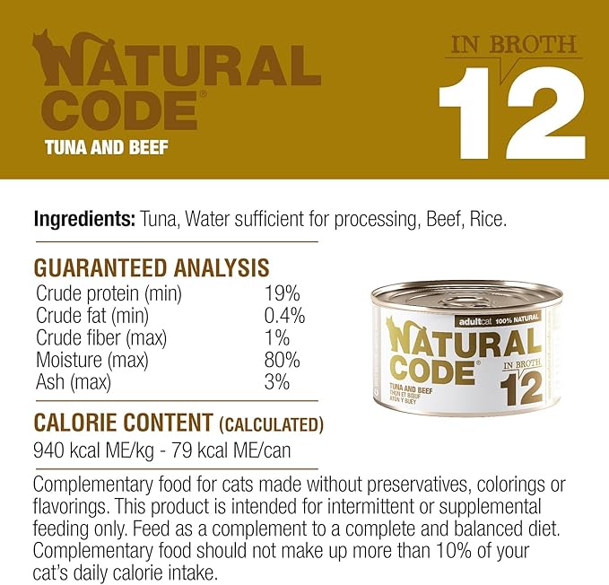 Natural Code - 24 Pack Wet Cat Food, Limited Ingredient Cat Food, High-Protein, Non-GMO, No Artificial Additives, Made in Italy, Tuna and Beef in Broth for Adult Cats, 3 oz