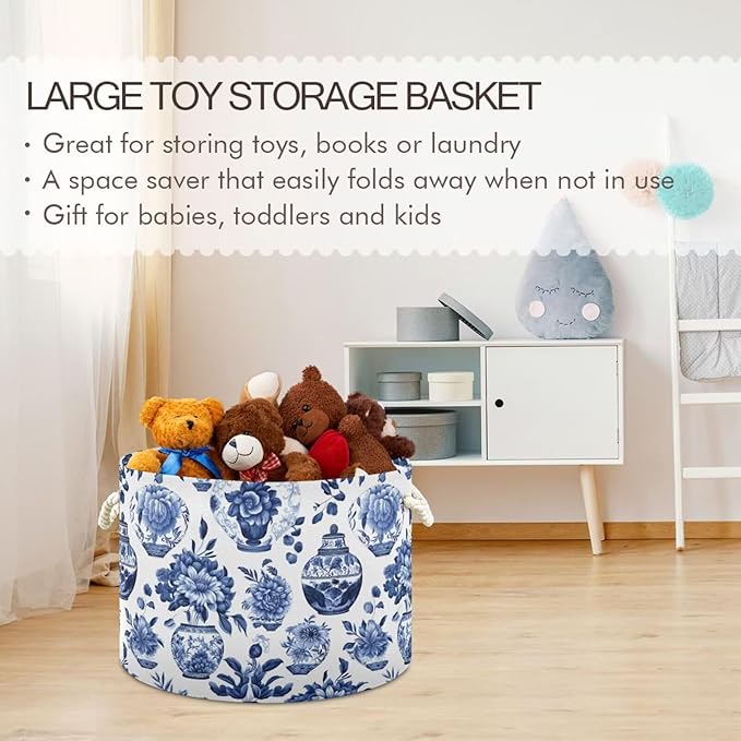 Blue White Floral Print Round Storage Basket Chinoiserie Vase Flower Large Laundry Hamper 20 x 20 x 14 Inches Organizer Bin with Handles Clothes Storage Bag for Nursery Bedroom Living Room Decor