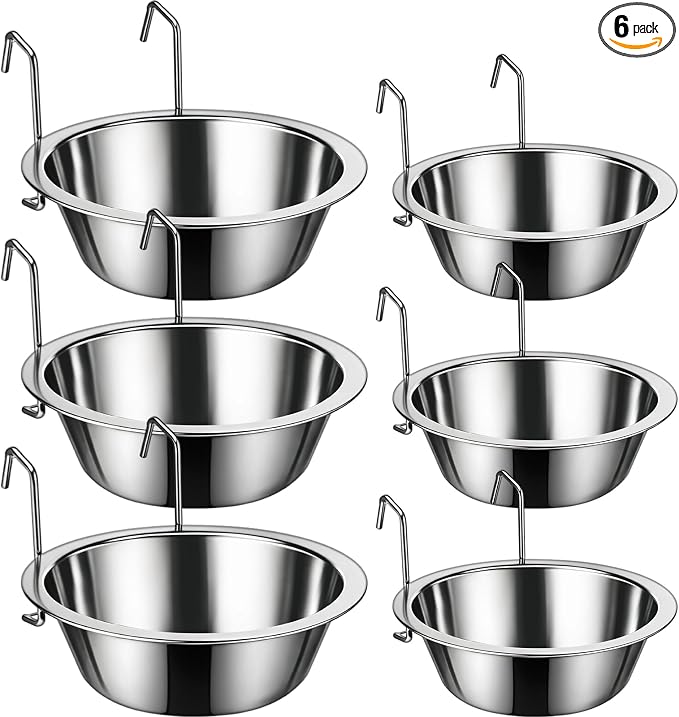 6 Pack Hanging Dog Kennel Bowls, No Spill Crate Water Bowl Food Feeder for Cage Removable Coop Cup with Hook Holder for Puppy Small Cat Ferret Rabbit Stainless Steel Dogs Dish 10 & 20oz