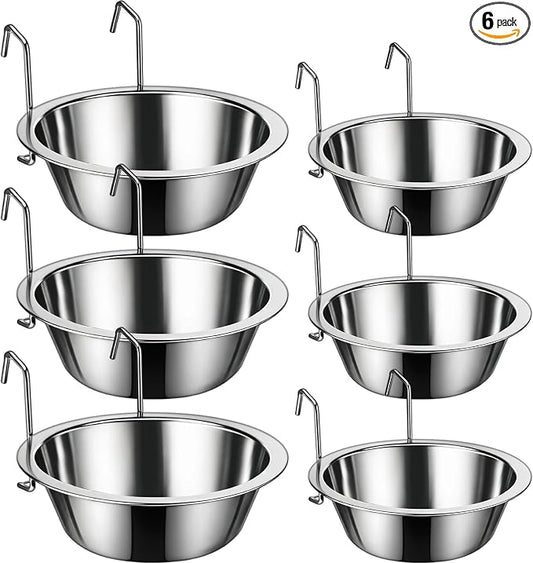 6 Pack Hanging Dog Kennel Bowls, No Spill Crate Water Bowl Food Feeder for Cage Removable Coop Cup with Hook Holder for Puppy Small Cat Ferret Rabbit Stainless Steel Dogs Dish 10 & 20oz