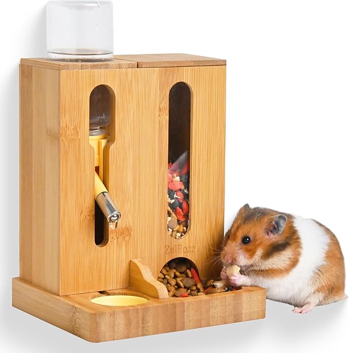 Adjustable Hamster Water Bottle Stand and Feeding Station, Bamboo Wood 2-in-1 Food Bowl Holder, Small Animal Hideout Accessorise for Syrian and Dwarf Hamsters