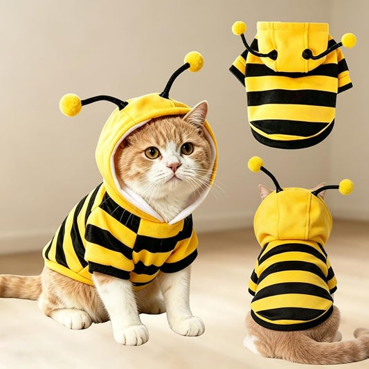 Bumblebee Cat Costume for Sphynx & Small Dogs, Fit Halloween, Yellow, XXS | Cute Bee Stripes Hoodie, Soft Warm Fleece, Holiday Cosplay Outfit, Daily Leisure Wear, Easy to Put, Safe for Leash Walking
