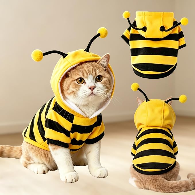Bumblebee Cat Costume for Sphynx & Small Dogs, Fit Halloween, Yellow, XS | Cute Bee Stripes Hoodie, Soft Warm Fleece, Holiday Cosplay Outfit, Daily Leisure Wear, Easy to Put, Safe for Leash Walking