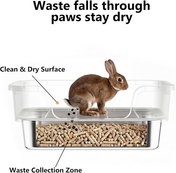 Stainless Steel Rabbit Litter Box with Safety Grid, Large Sifting Bunny Litter Pan for Small Animals, Guinea Pig, Ferret, Easy to Clean, Anti-Urine Leakage Metal Pet Toilet (16.9" × 13.4" × 6.7")
