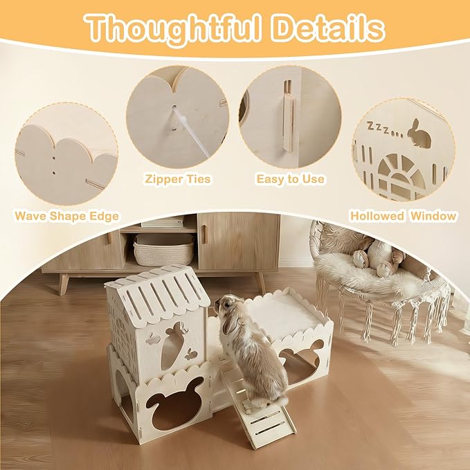 Large Rabbit House with 2PCS Rabbit Scratch Mat, Wooden Bunny Castle with 4 Houses Indoor, Guinea Pig Cage Multistory Climbing Tower Sturdy Wooden Castle, Small Animal Hideaway Tunnel