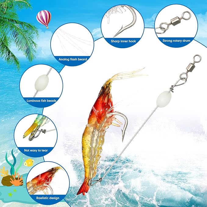 Honoson 35 Pcs Saltwater Fishing Lures Shrimp Baits Set Luminous Shrimp Bait with Beads and Hooks Fishing Lure with Hooks for Freshwater Saltwater Trout Bass Salmon