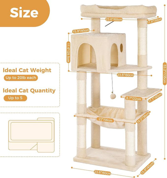 53” Cat Tree for Large Cats 20 lbs+,XL Cat Tower with Scratching Posts,Enlarge Top Bed 23.6”and 21.6”x15”Hammock, Oversized Condo House-XLarge Beige