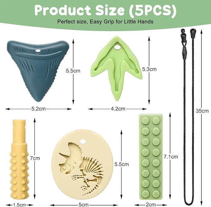 MISSLILI Sensory Chew Necklaces for Aggressive Chewers - Silicone Chewelry for Autism, ADHD, Oral Motor Therapy & Baby Teething - Dinosaur (BPA-Free, Textured Surface)